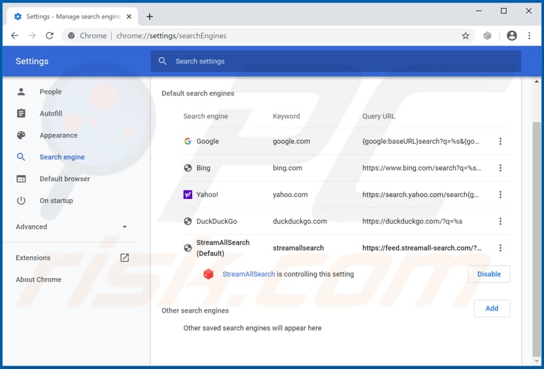 Eliminando streamall-search.com del motor de búsqueda predeterminado de Google Chrome