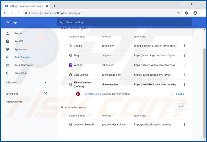 Eliminando tiktok-searches.com del motor de búsqueda predeterminado de Google Chrome