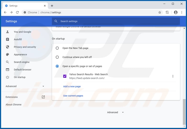 Eliminando update-search.com de la página de inicio de Google Chrome