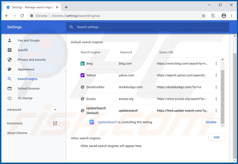 Eliminando update-search.com del motor de búsqueda predeterminado de Google Chrome