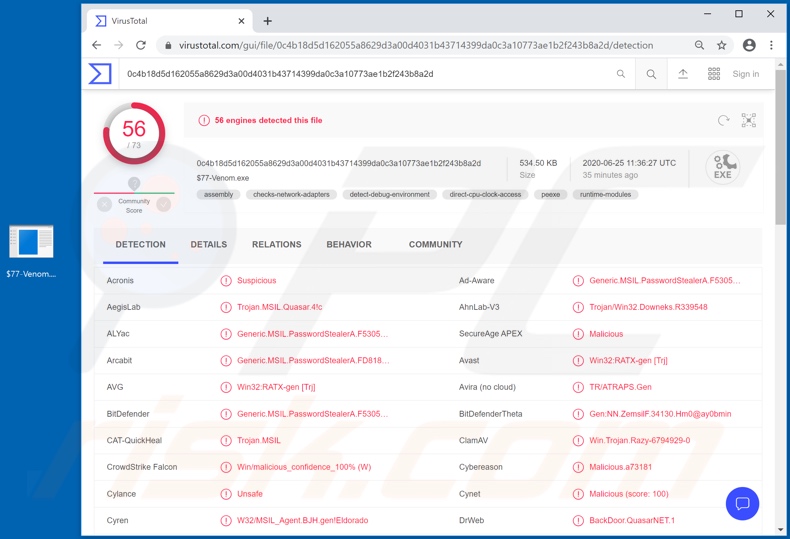 Detecciones del malware VenomRAT en VirusTotal