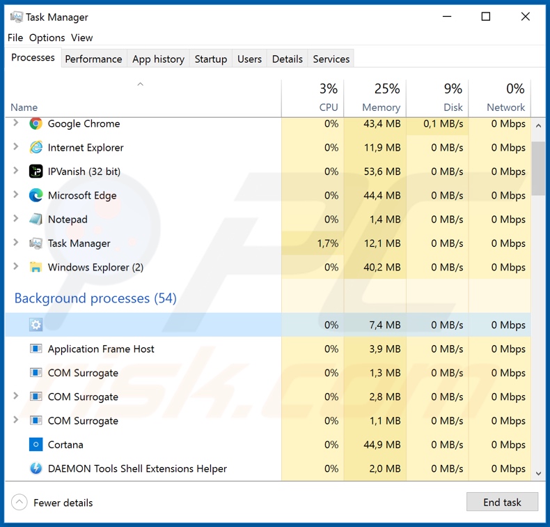 Proceso del malware VenomRAT en el administrador de tareas