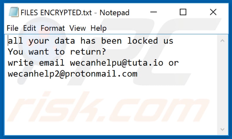 Archivo de texto de WCH ransomware (FILES ENCRYPTED.txt)