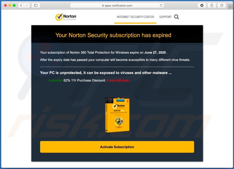 Apps-notification[.]com ofrece instalar el antivirus Norton