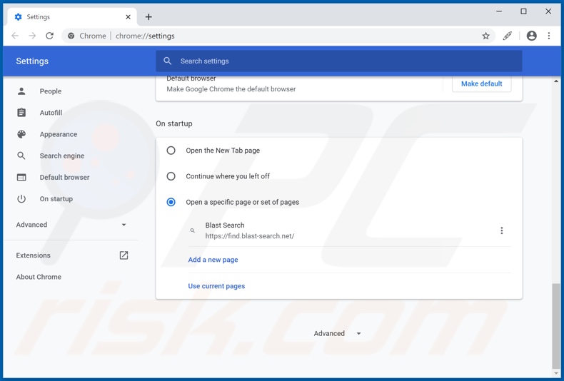 Eliminando blast-search.net de la página de inicio de Google Chrome