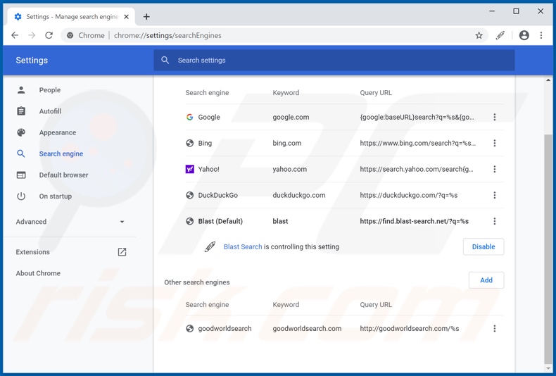 Eliminando blast-search.net del motor de búsqueda predeterminado de Google Chrome