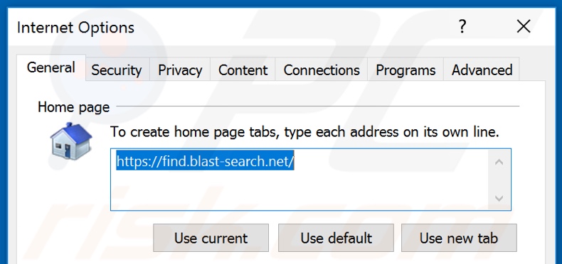 Eliminando blast-search.net de la página de inicio de Internet Explorer