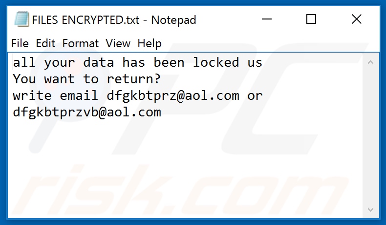 Archivo de texto del ransomware Bmtf (FILES ENCRYPTED.txt)