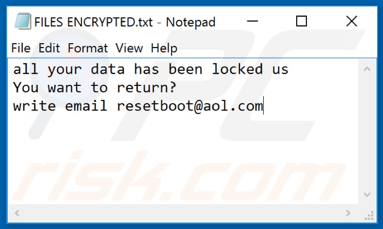 Archivo de texto del ransomware .BOOT (FILES ENCRYPTED.txt)