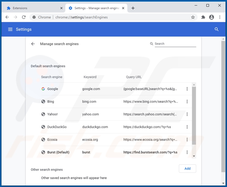 Eliminando burstsearch.com del motor de búsqueda predeterminado de Google Chrome