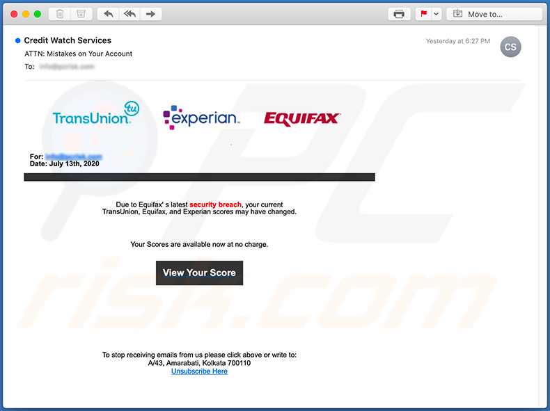 Email no deseado con temática de Equifax utilizado para promocionar un sitio web de phishing