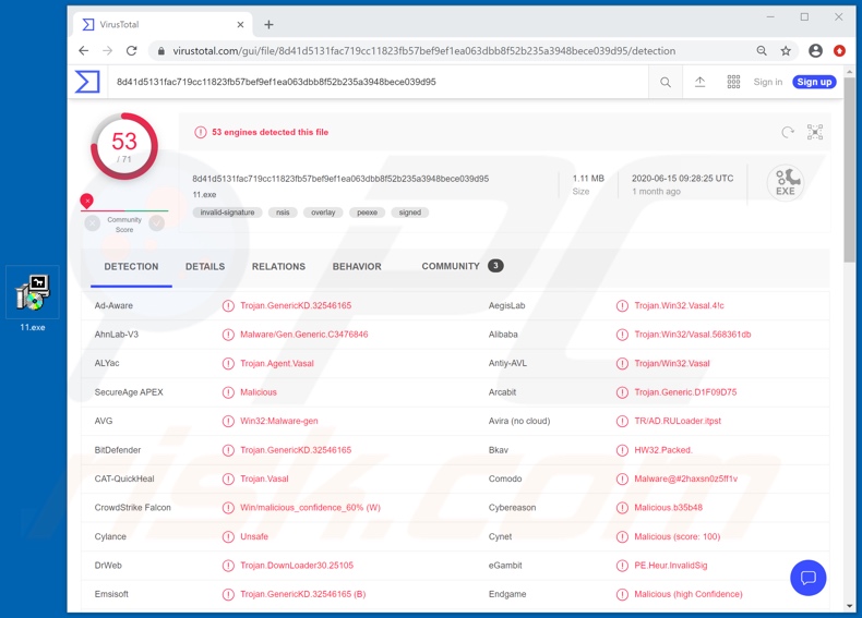 Detecciones de malware DarkCrystal en VirusTotal