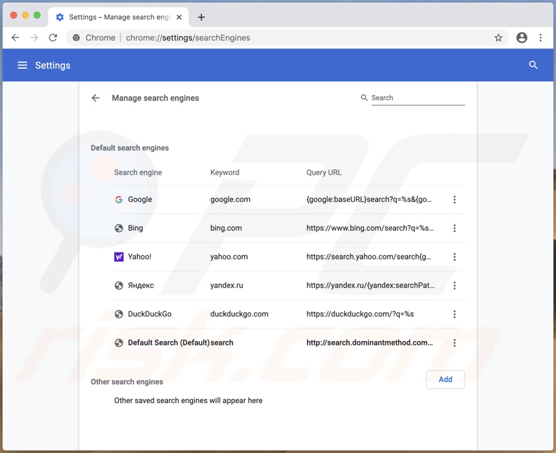 El adware DivisionFormat cambia el motor de búsqueda predeterminado de Chrome a search.dominantmethod.com