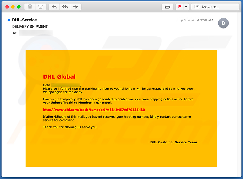 Email de phishing con temática de DHL (2020-07-13)