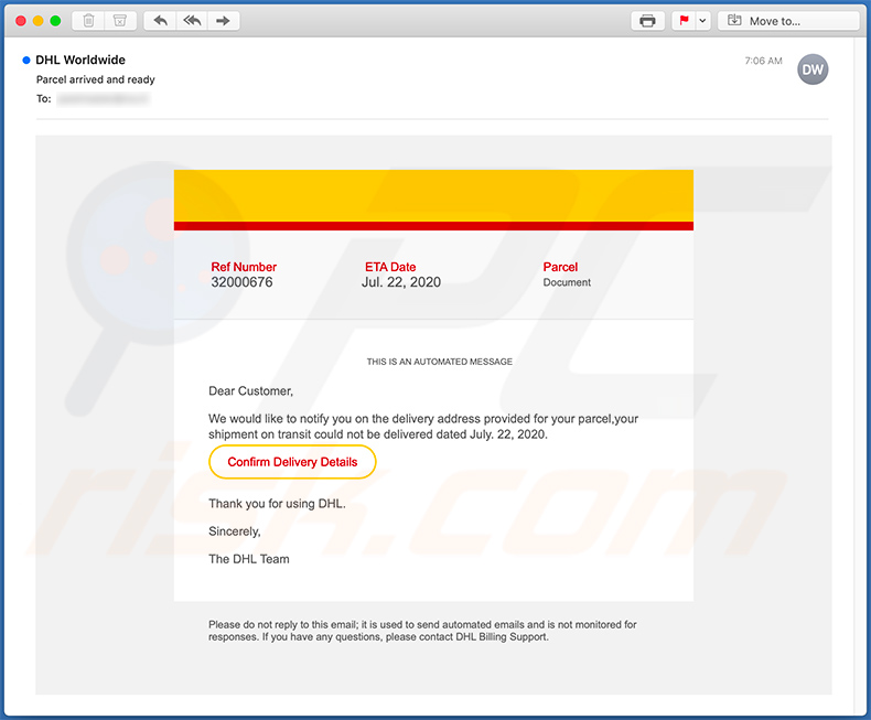 Email no deseado con temática de DHL que promociona un sitio de phishing (2020-07-24)