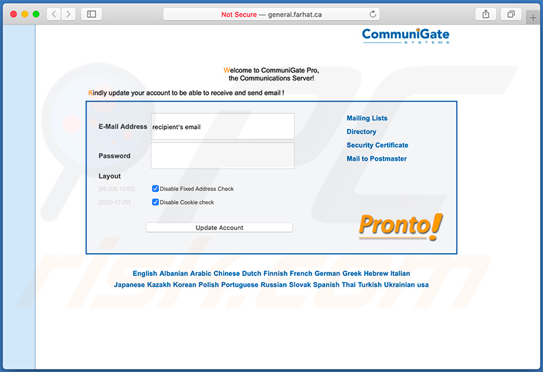 Sitio web de phishing general.farhat.ca promocionado a través de email no deseado