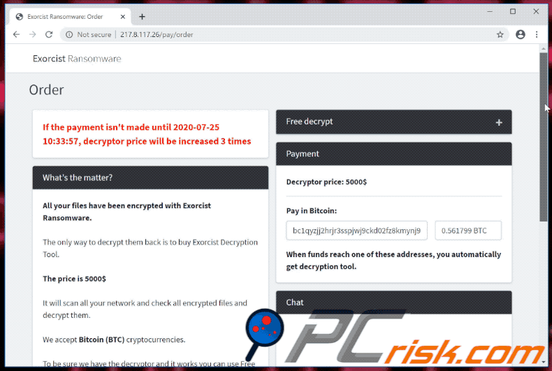 Sitio web del ransomware Exorcist GIF