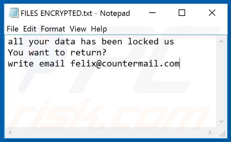 Archivo de texto del ransomware Felix (FILES ENCRYPTED.txt)