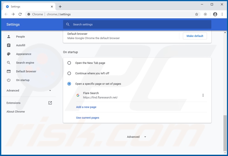 Eliminando flaresearch.net de la página de inicio de Google Chrome