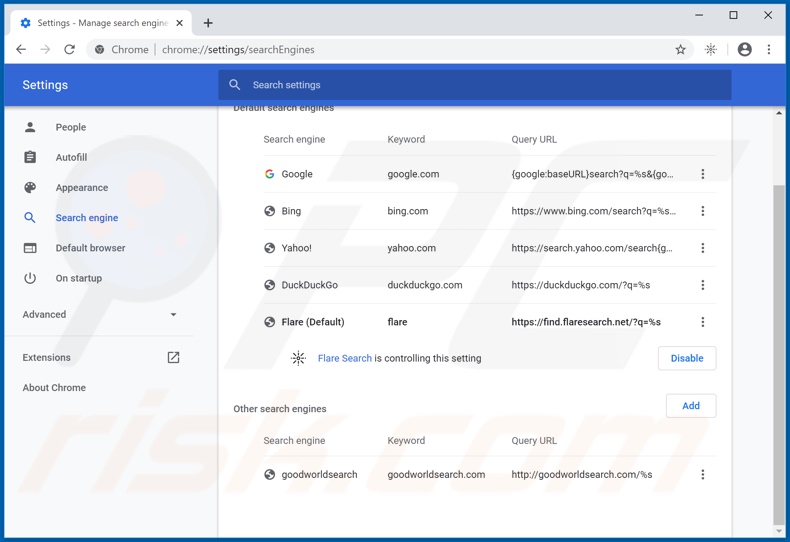 Eliminando flaresearch.net del motor de búsqueda predeterminado de Google Chrome