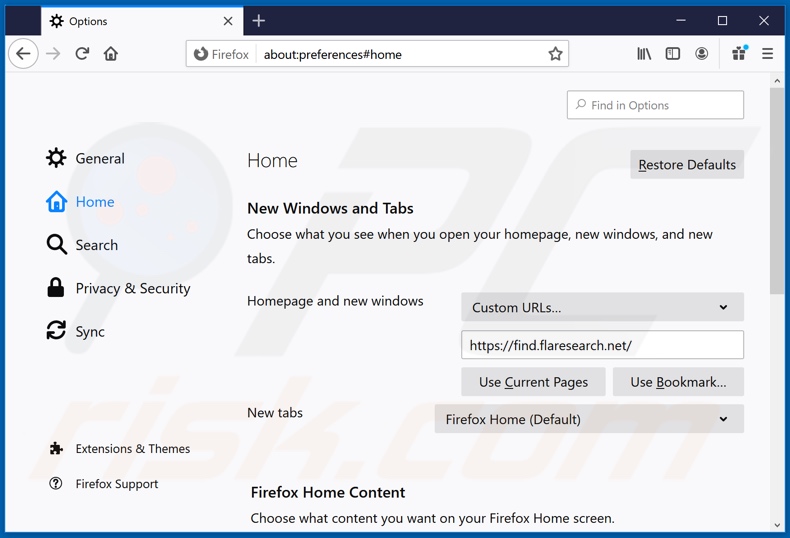 Eliminando flaresearch.net de la página de inicio de Mozilla Firefox