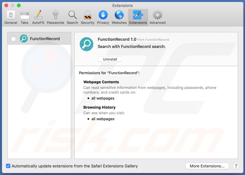 Adware FunctionRecord instalado en Safari