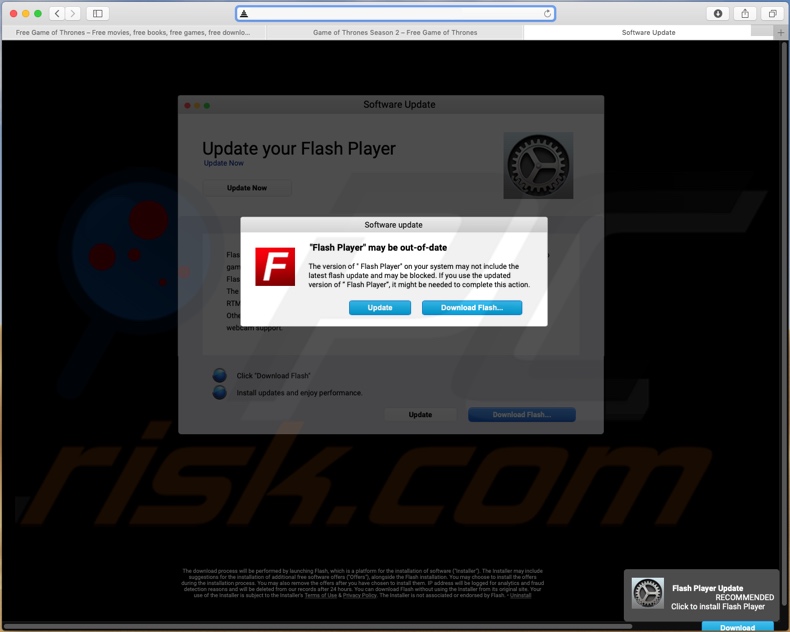 Ejemplo de un sitio web fraudulento que promociona el instalador falso de Flash Player