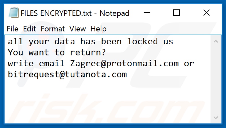 Archivo de texto del ransomware HAT (FILES ENCRYPTED.txt)