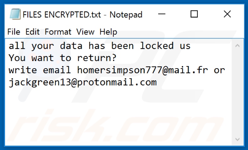Archivo de texto del ransomware Homer (FILES ENCRYPTED.txt)