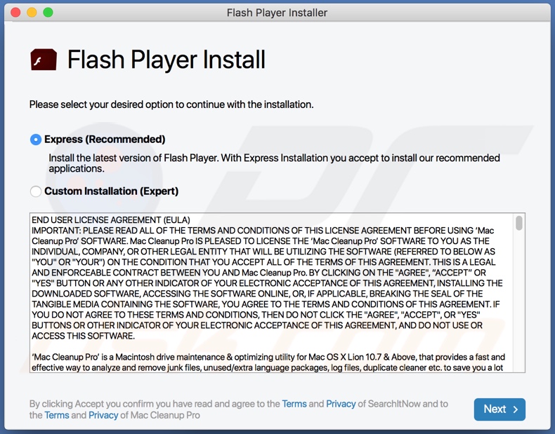 Adware LeadingAdviseSearch distribuido a través del actualizador/instalador falso de Flash Player