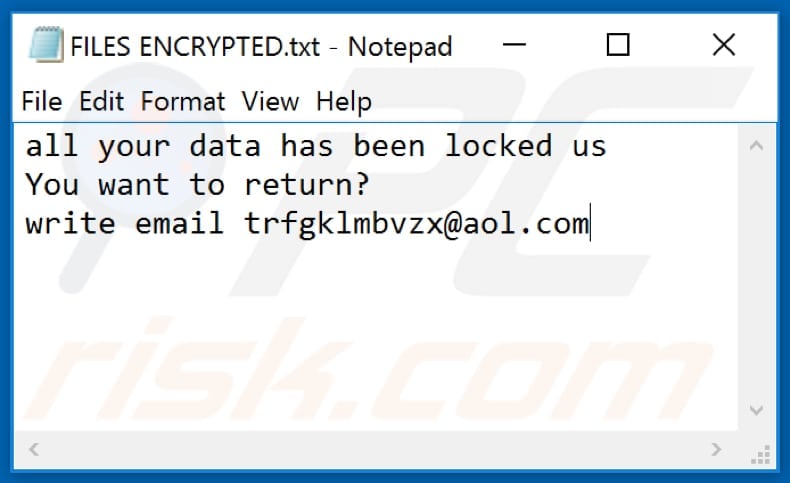 Archivo de texto del ransomware Mnbzr (FILES ENCRYPTED.txt)