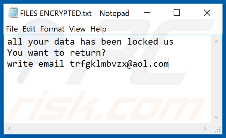 Archivo de texto del ransomware Mnbzr (FILES ENCRYPTED.txt)