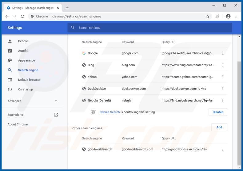 Eliminando nebulasearch.net del motor de búsqueda predeterminado de Google Chrome