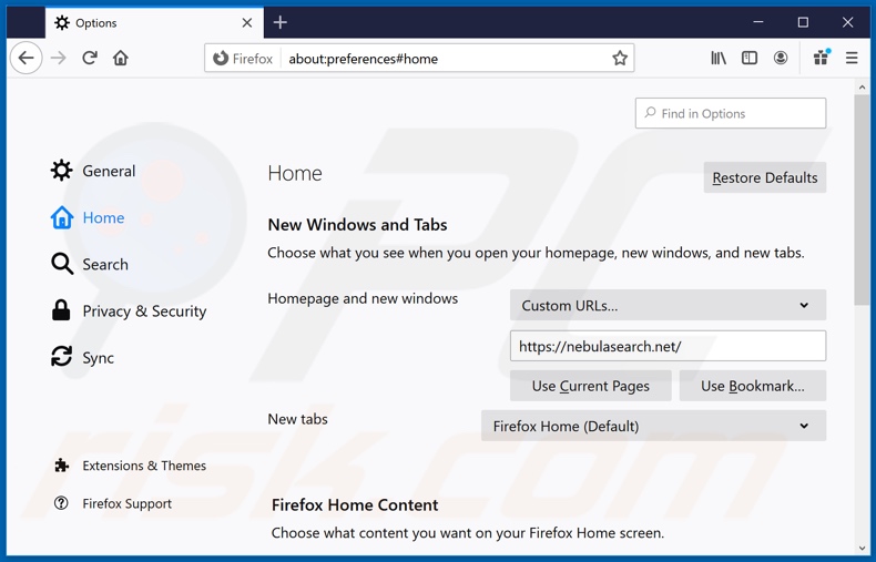 Eliminando nebulasearch.net de la página de inicio de Mozilla Firefox