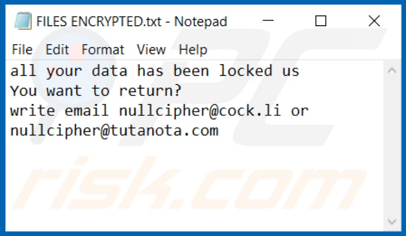 Archivo de texto del ransomware Null (FILES ENCRYPTED.txt)