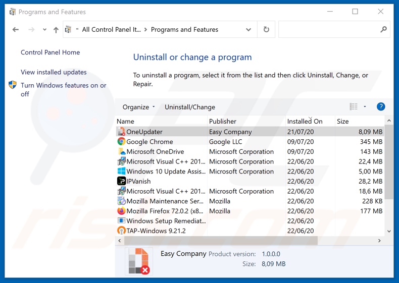 Desinstalar el adware OneUpdater a través del Panel de Control