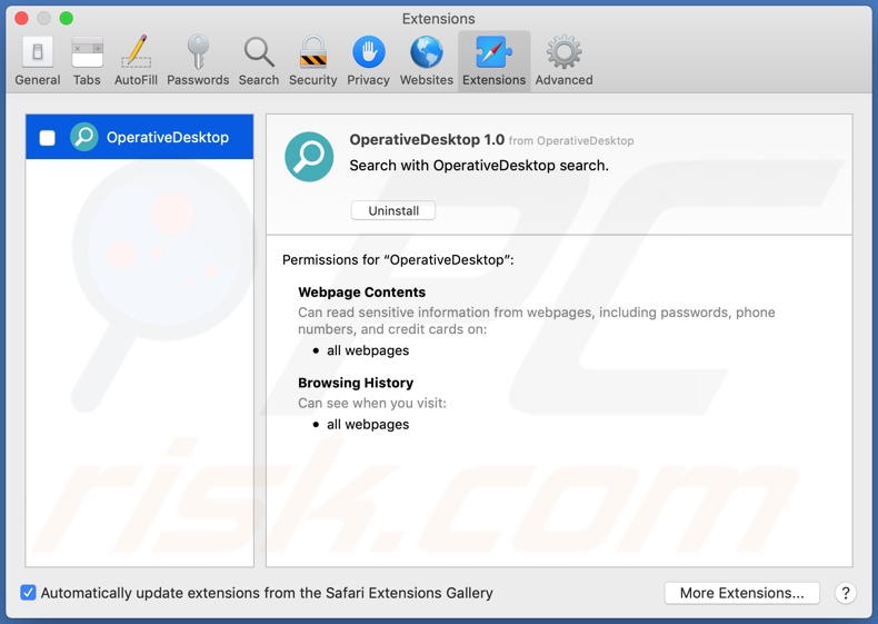 Adware OperativeDesktop instalado en Safari