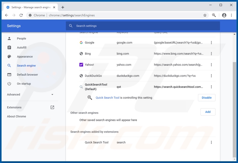 Eliminando quicksearchtool.com del motor de búsqueda predeterminado de Google Chrome