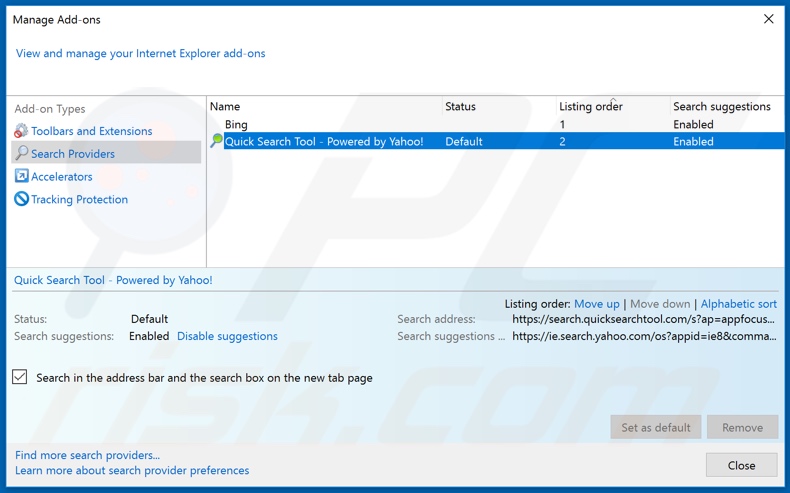 Eliminando quicksearchtool.com del motor de búsqueda predeterminado de Internet Explorer
