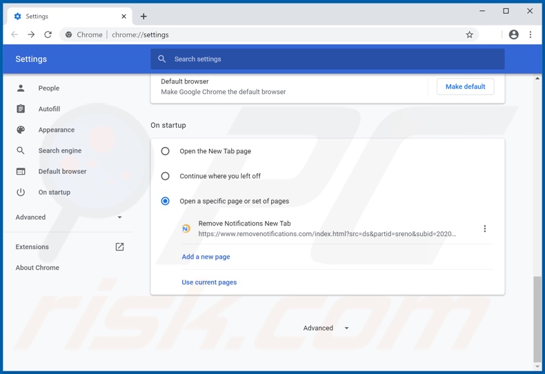 Eliminando removenotifications.com de la página de inicio de Google Chrome
