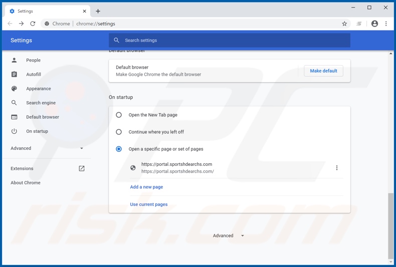 Eliminando sportshdearchs.com de la página de inicio de Google Chrome