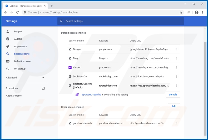 Eliminando sportshdearchs.com del motor de búsqueda predeterminado de Google Chrome