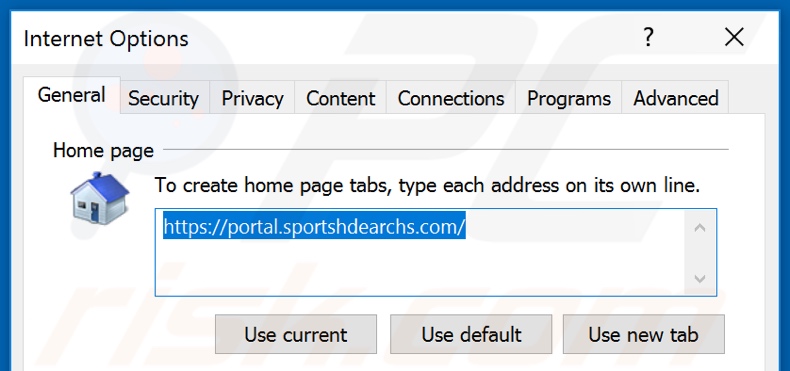 Eliminando sportshdearchs.com de la página de inicio de Internet Explorer