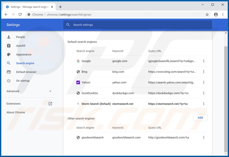 Eliminando stormsearch.net del motor de búsqueda predeterminado de Google Chrome