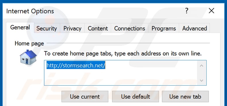 Eliminando stormsearch.net de la página de inicio de Internet Explorer