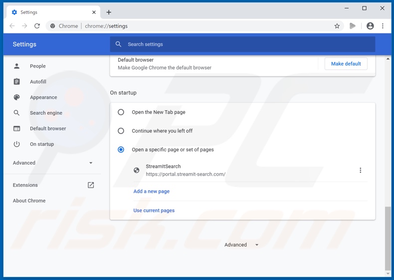 Eliminando streamit-search.com de la página de inicio de Google Chrome