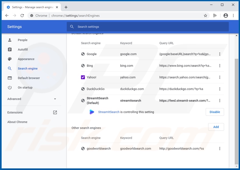 Eliminando streamit-search.com del motor de búsqueda predeterminado de Google Chrome