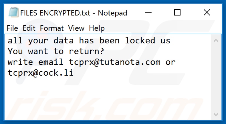 Archivo de texto del ransomware Tcprx (FILES ENCRYPTED.txt)