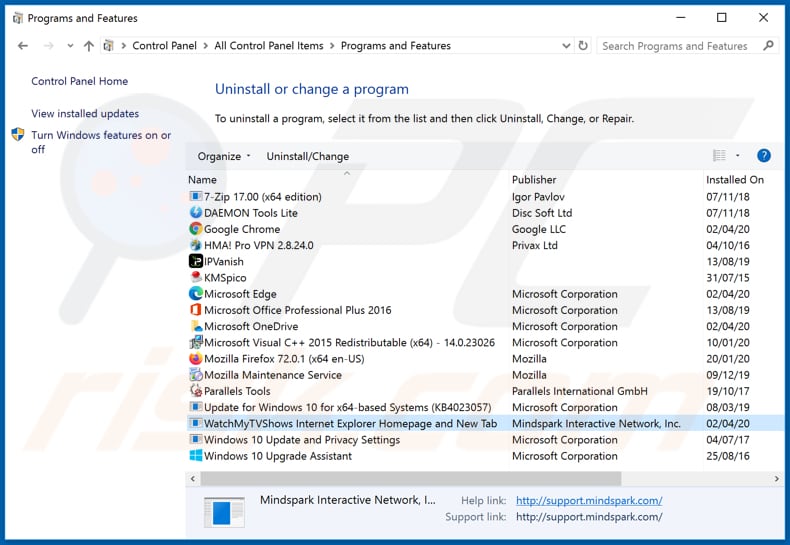 Desinstalación del secuestrador del navegador WatchMyTVShows a través del Panel de Control