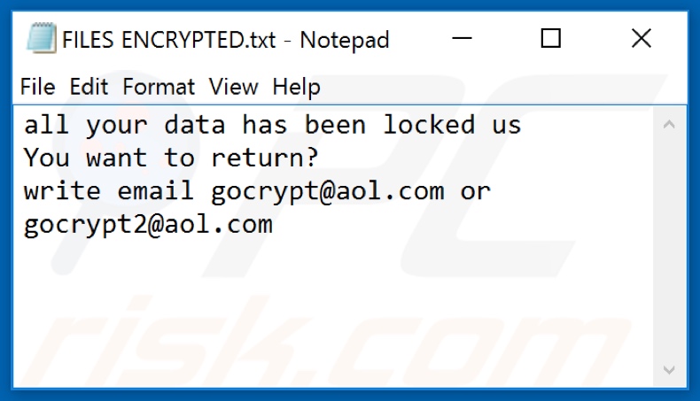 Archivo de texto del ransomware 1dec (FILES ENCRYPTED.txt)